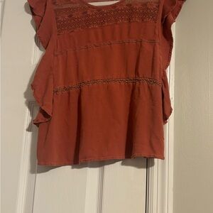 American Eagle By Payless Brown Orange Ruffled Cap Sleeve Blouse